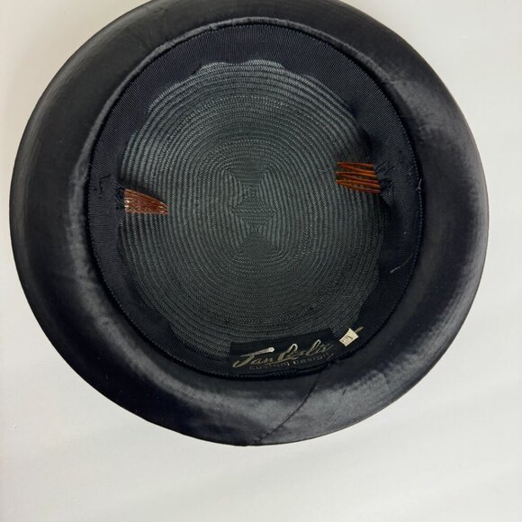 Vintage 50-60s Jan Leslie Elegant Small Hat Black Straw Satin Bow Size 22 1/2\
